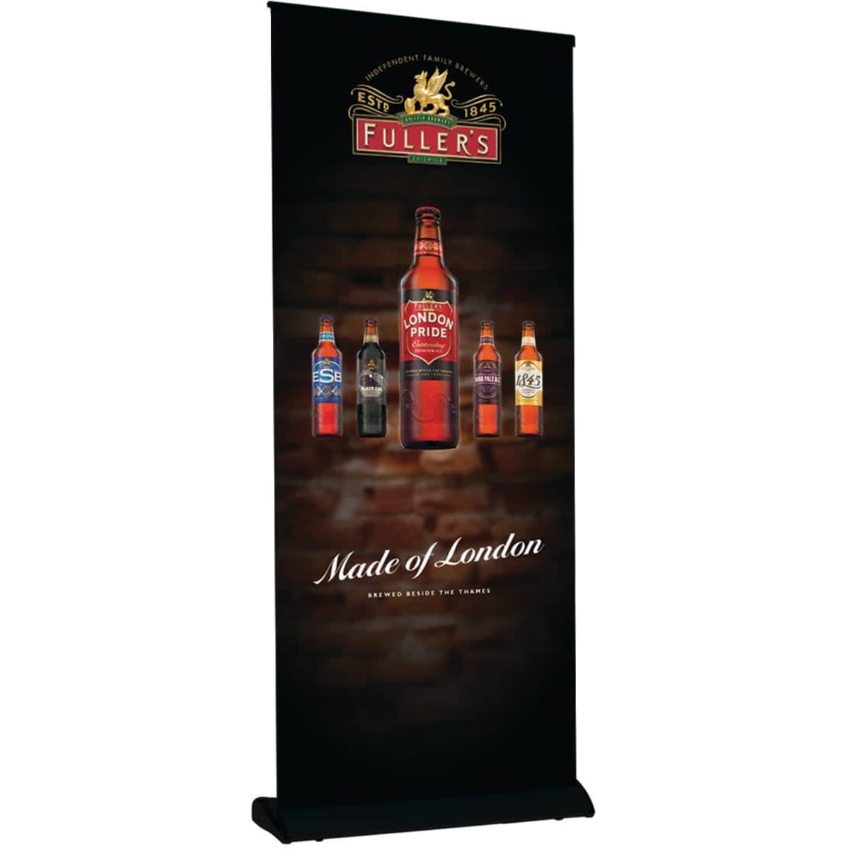 A pull-up banner featuring various drink bottles against a dark background, with a logo at the top.