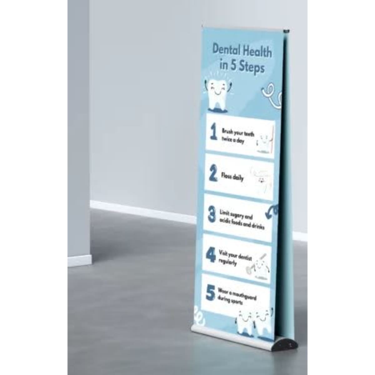 A double-sided pull-up banner, 850mm x 2000mm, featuring a blue design and dental health tips. It includes a logo.