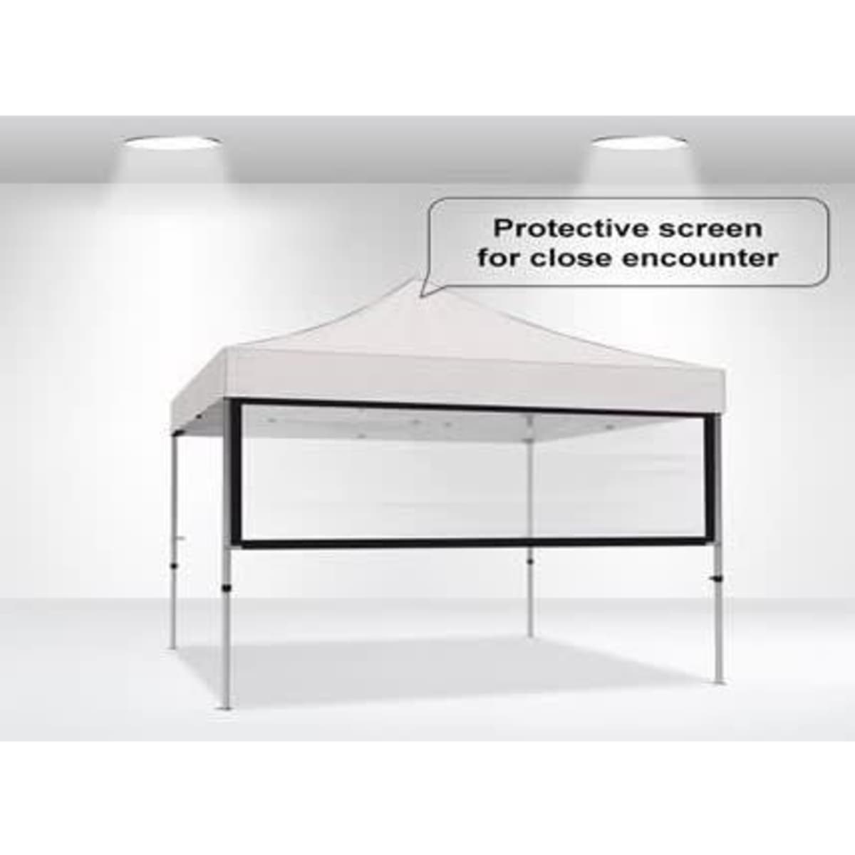 A promotional white marquee with a transparent protective screen, featuring a black frame. It has a logo on the front.
