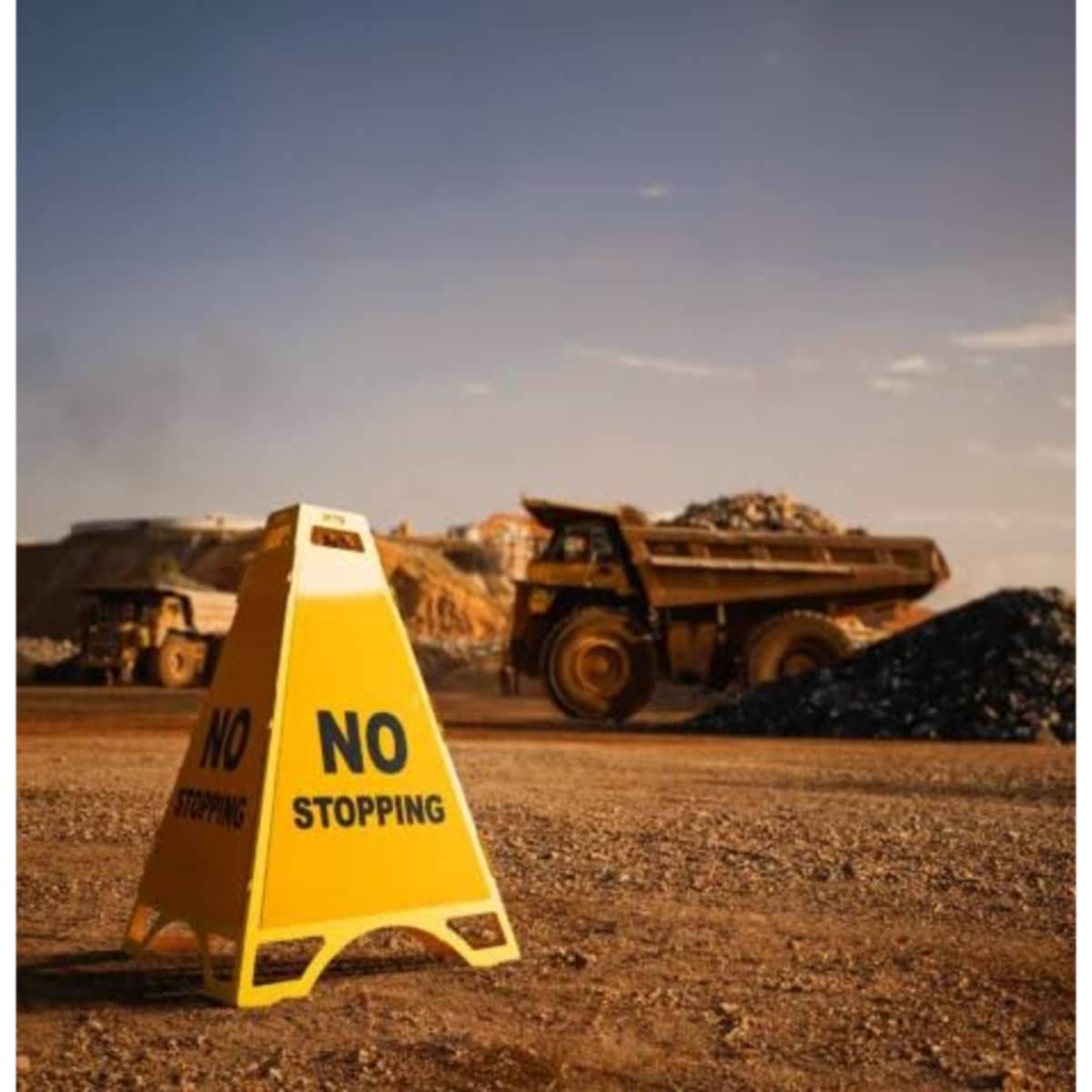 A yellow triangular signage stand marked "NO STOPPING" on a gravel surface, with mining trucks in the background.