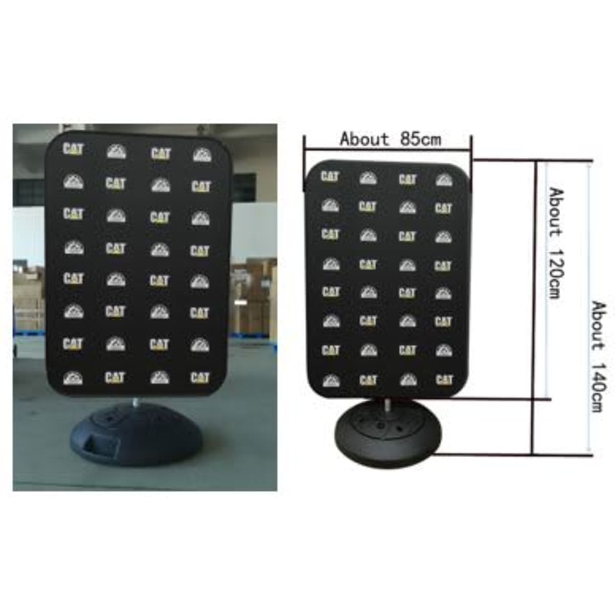 A tension fabric display in black with a rectangular shape, featuring a water base for stability. Dimensions are approximately 850mm x 2000mm.