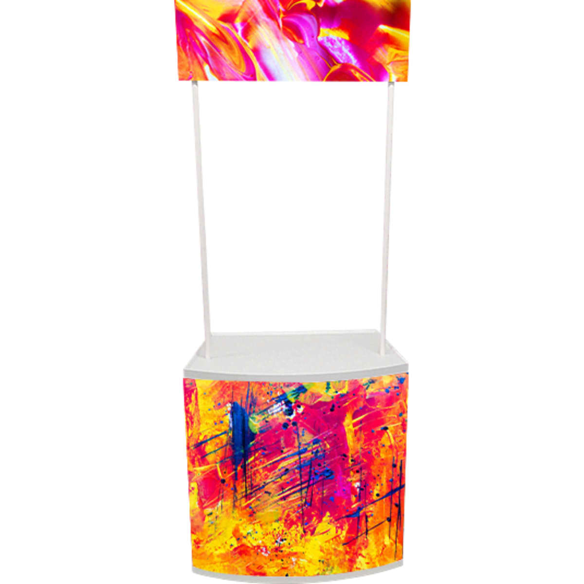 A promotional sampling table featuring a vibrant, multicoloured design with a bright top banner and a white base.