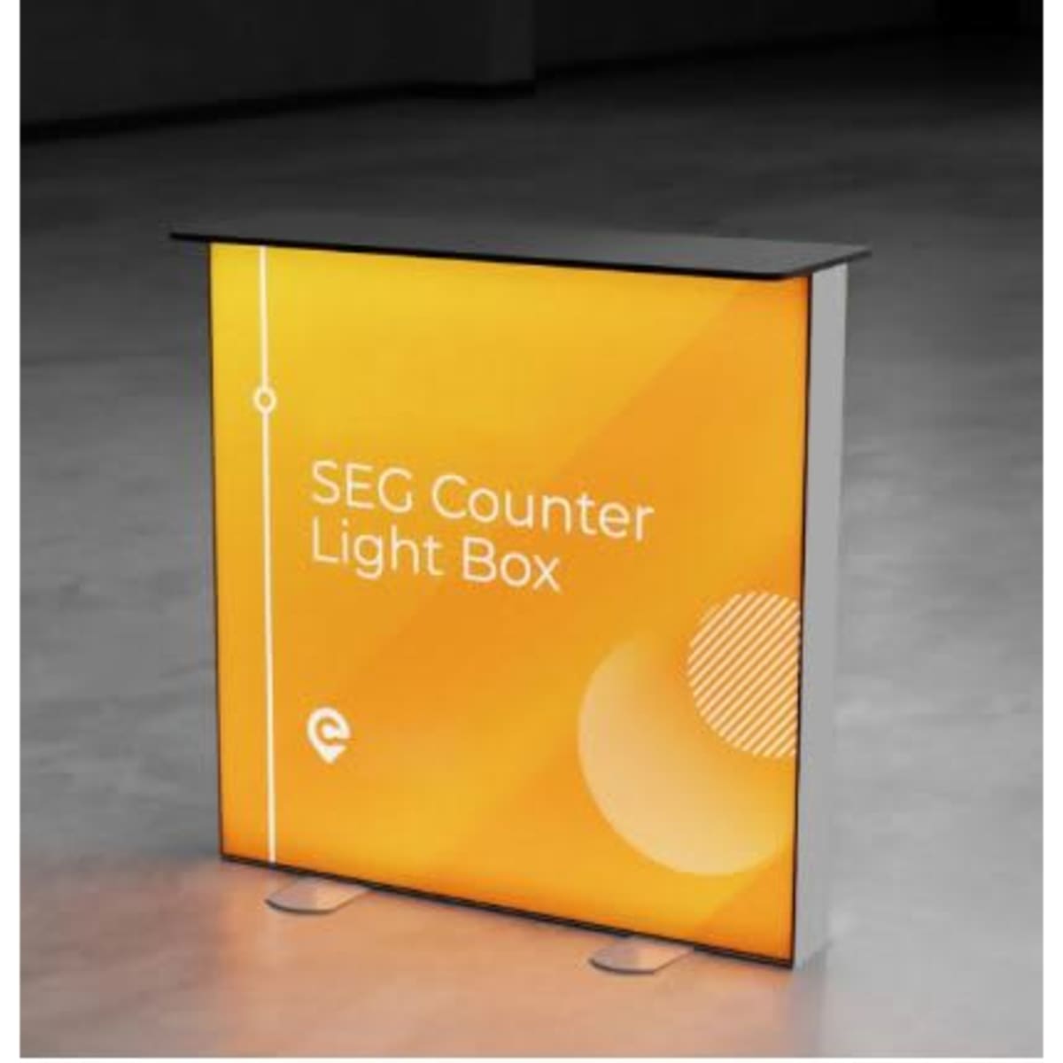 A promotional light box table with an aluminium frame, featuring an orange backdrop and a black top.