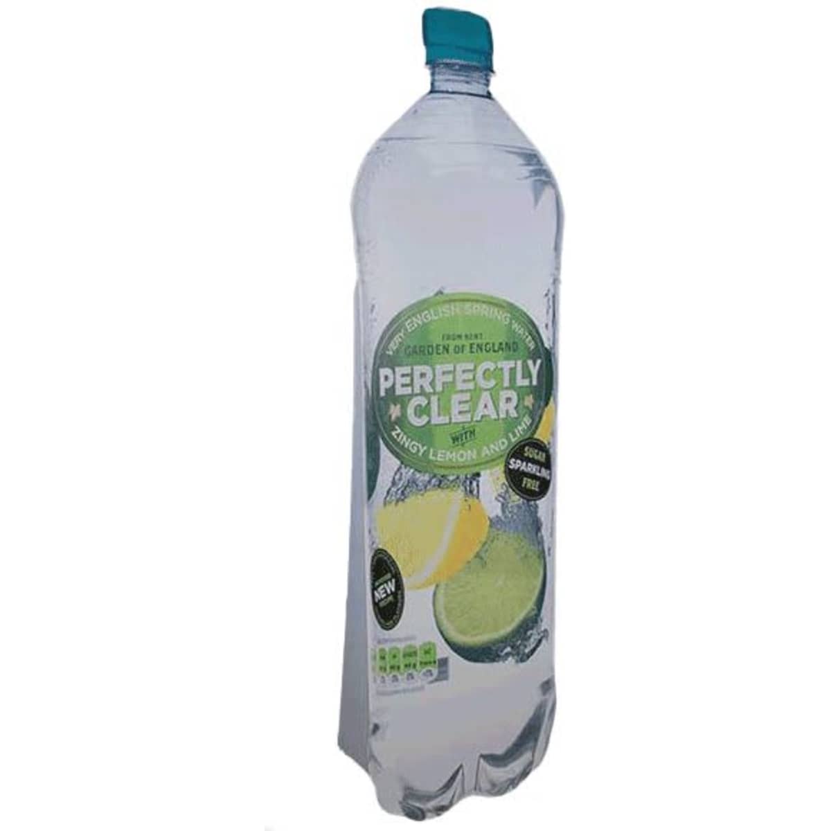 A clear plastic drink bottle with a blue cap, featuring lemon and lime graphics. It has a logo on the label.
