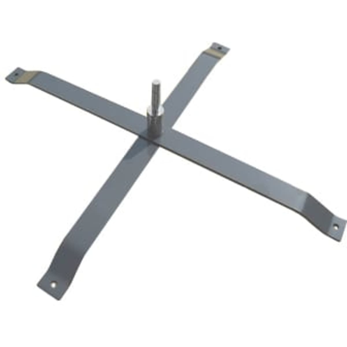 A steel swivel base in grey with a central post and four extending arms for stability.