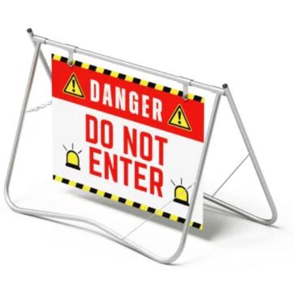 A silver signage swing stand with a red and white Dibond panel featuring a "Danger Do Not Enter" message.