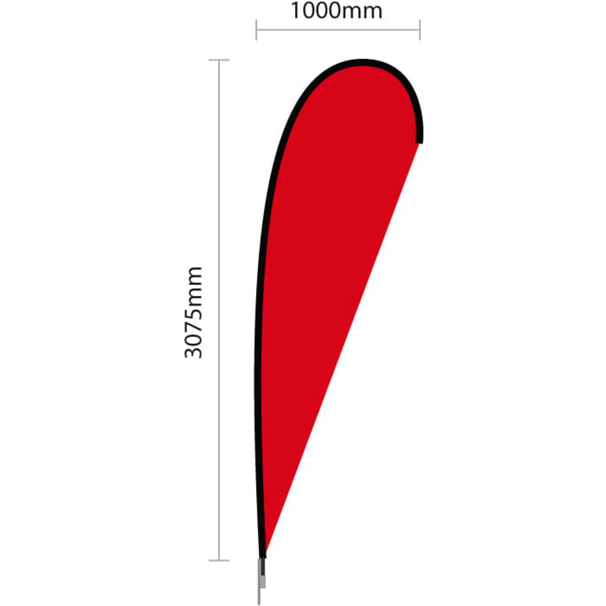 A red medium double sided teardrop banner with black trim, featuring dimensions of 1000mm width and 3075mm height.