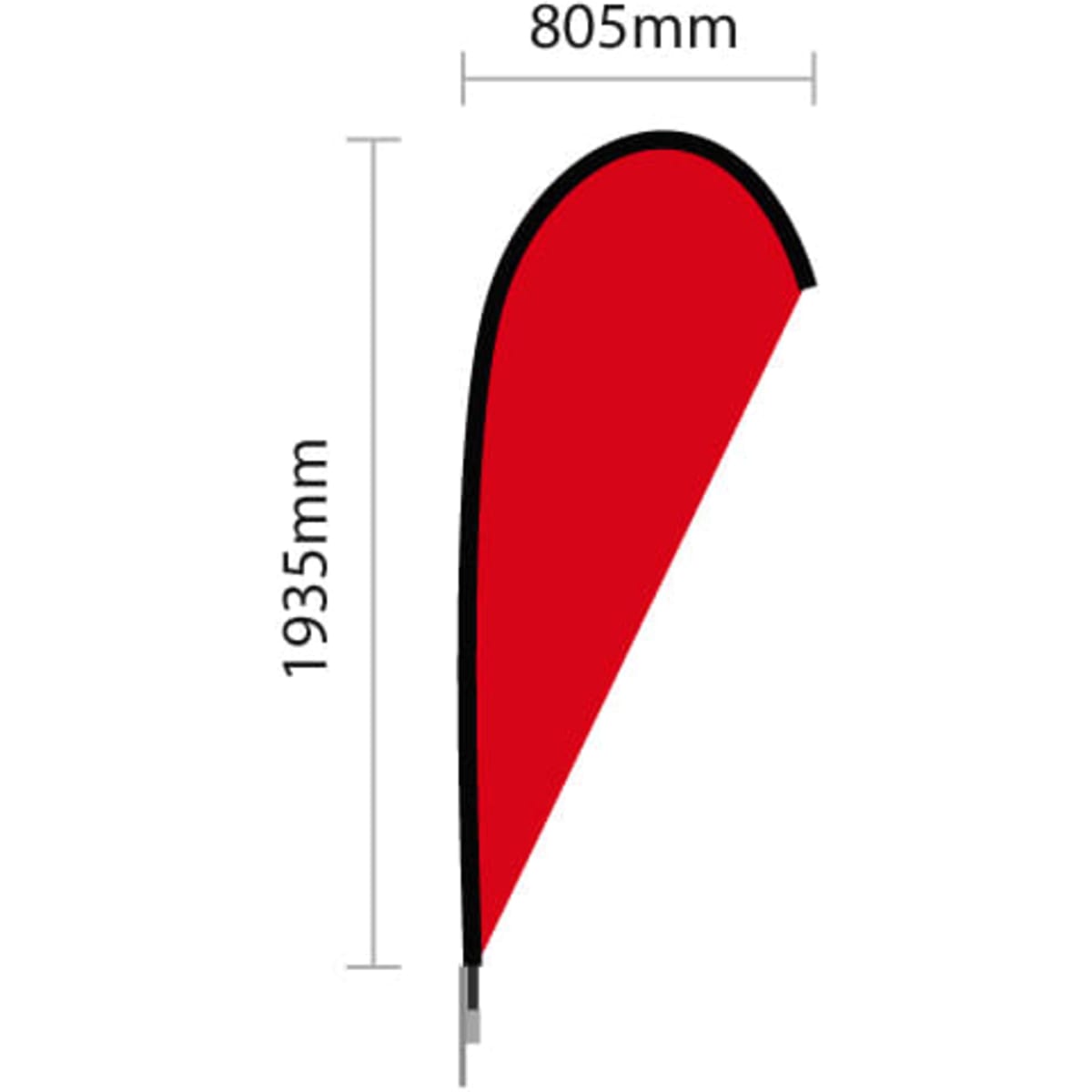A red double-sided teardrop banner with a black outline, measuring 805mm by 1935mm. It has a logo at the base.