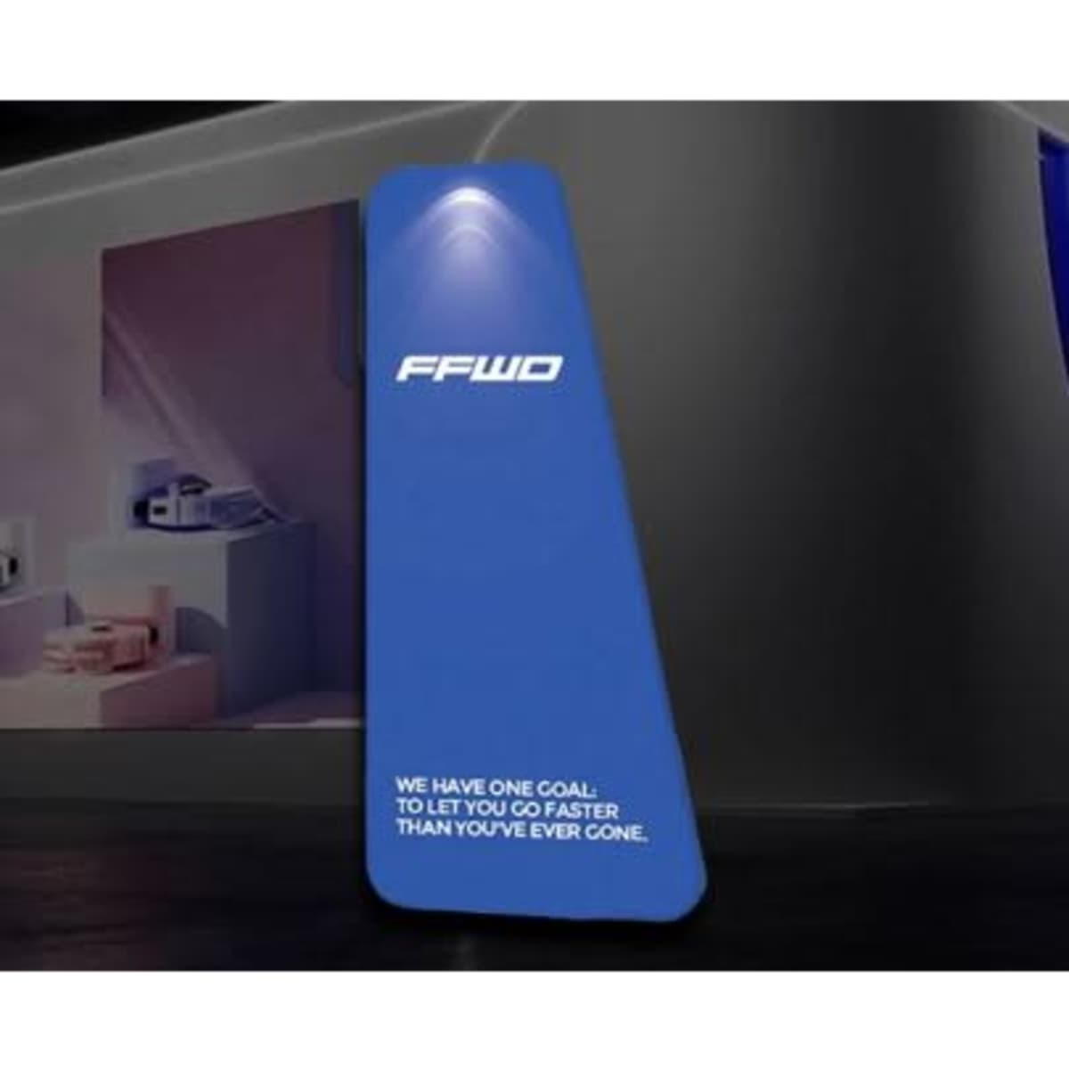 A blue triangular display frame featuring a logo and a light at the top, set against a modern background.