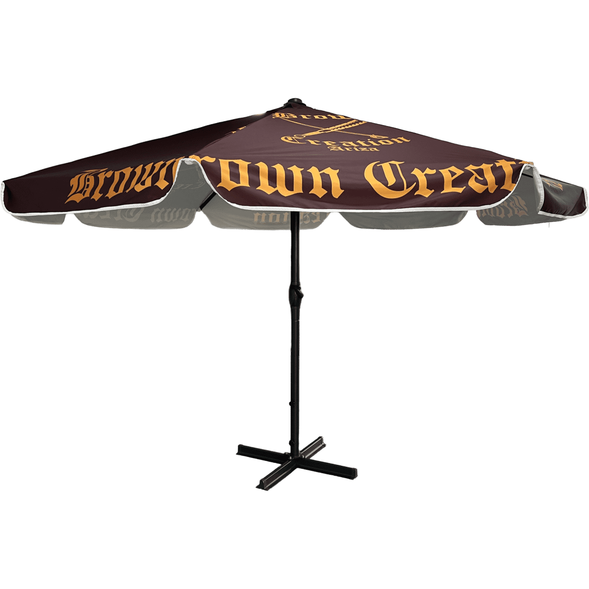 A market umbrella with a dark brown and cream canopy, featuring a logo on the fabric and a sturdy black base.