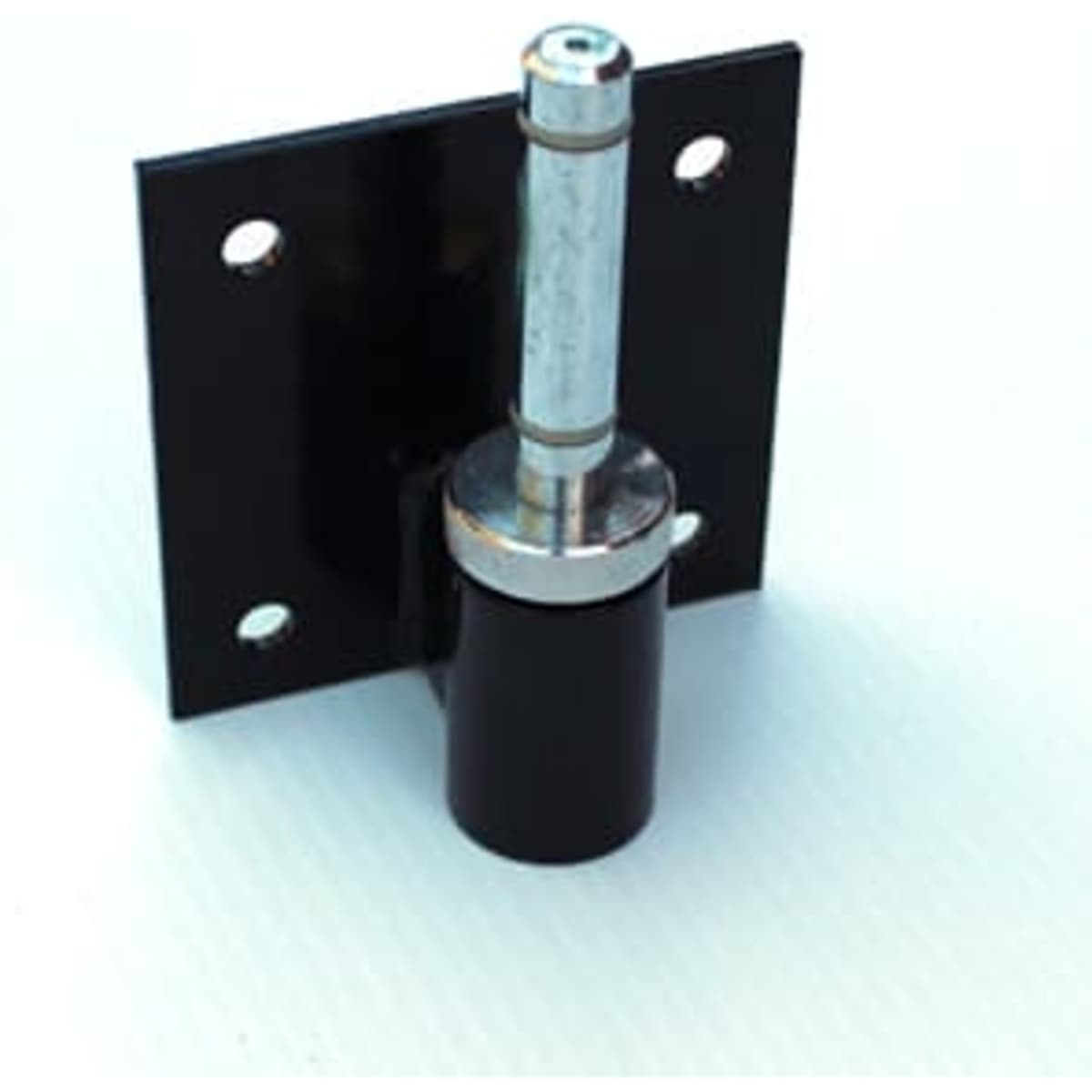 A black wall mount bracket with a cylindrical silver attachment and multiple mounting holes.