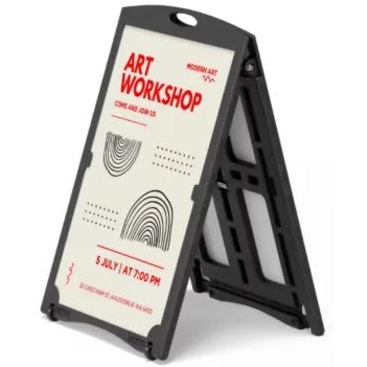 A black corflute A-frame with a water-fillable base, featuring two blank surfaces for promotional messaging.
