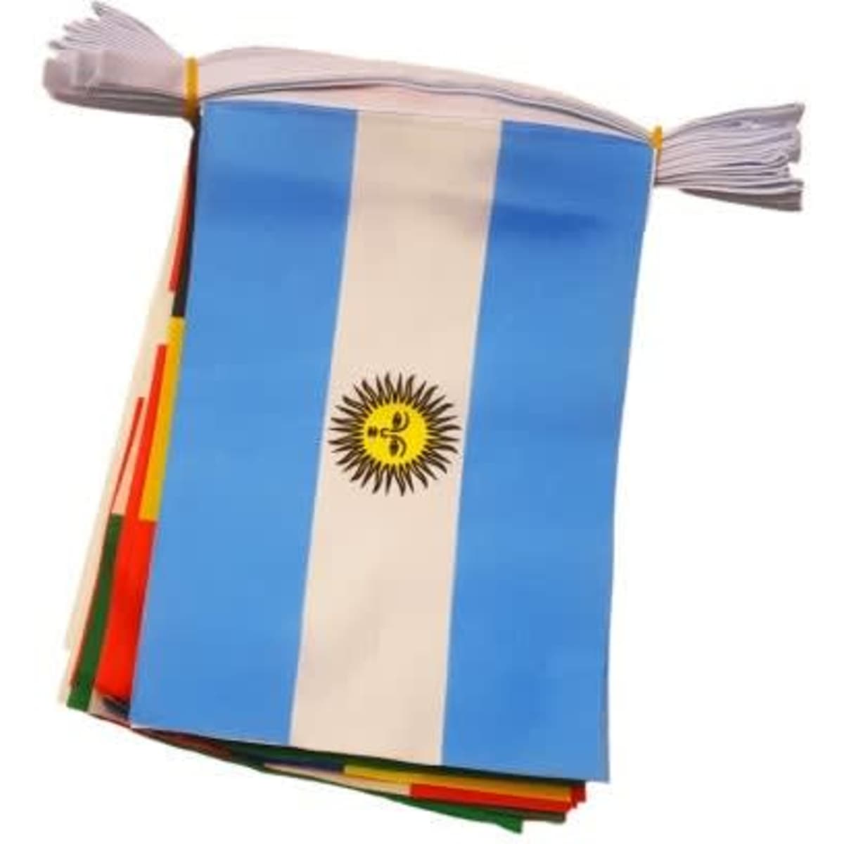 A bundle of polyester bunting featuring various colours, including the blue and white design of the Argentina flag.