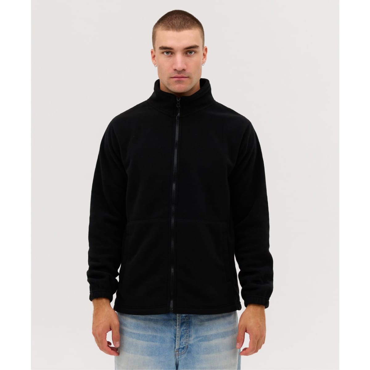 A black fleece jacket with a full zip and a high collar, featuring a logo.