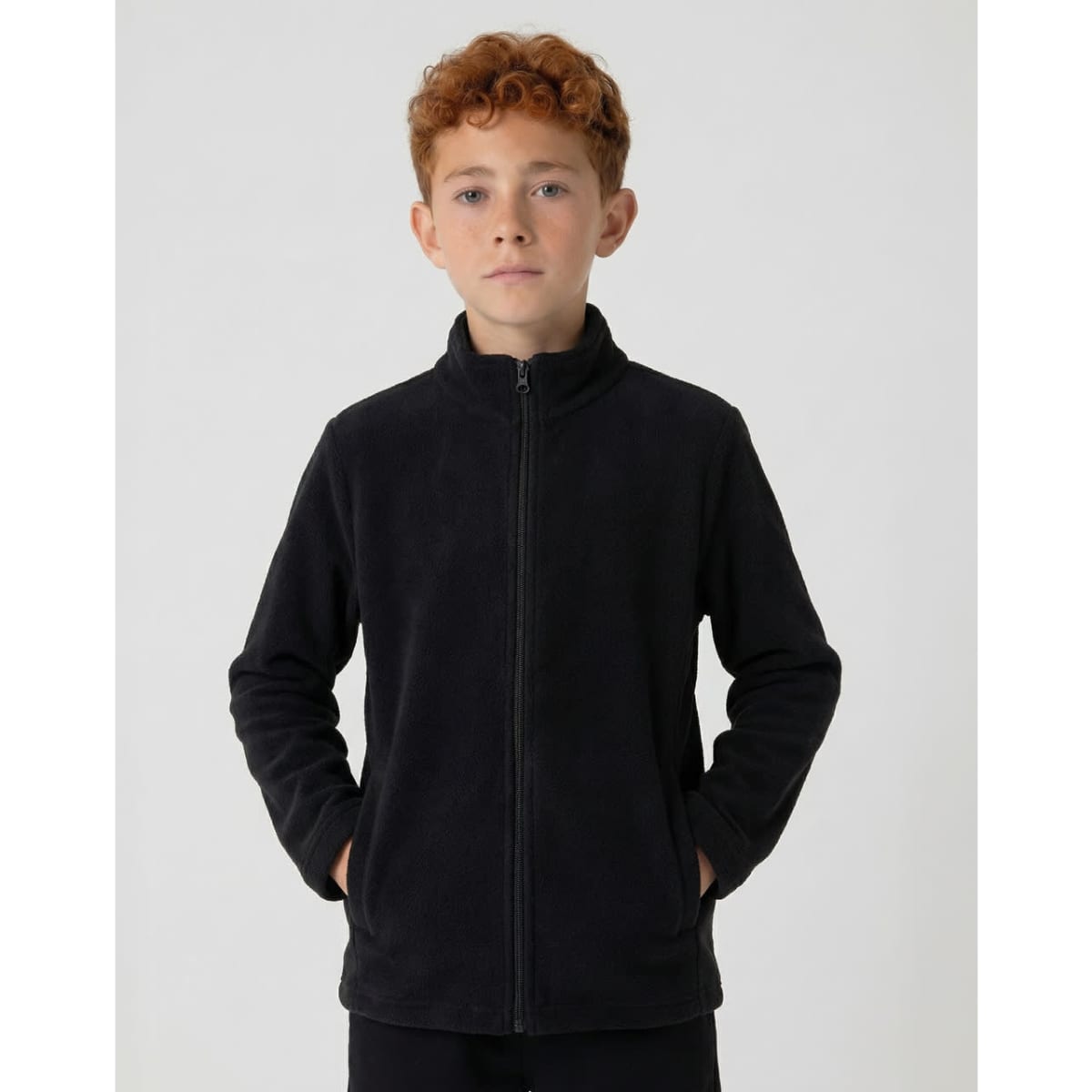 A black polar fleece full zip jacket for youth, featuring a zip closure and pockets. It has a logo on one side.
