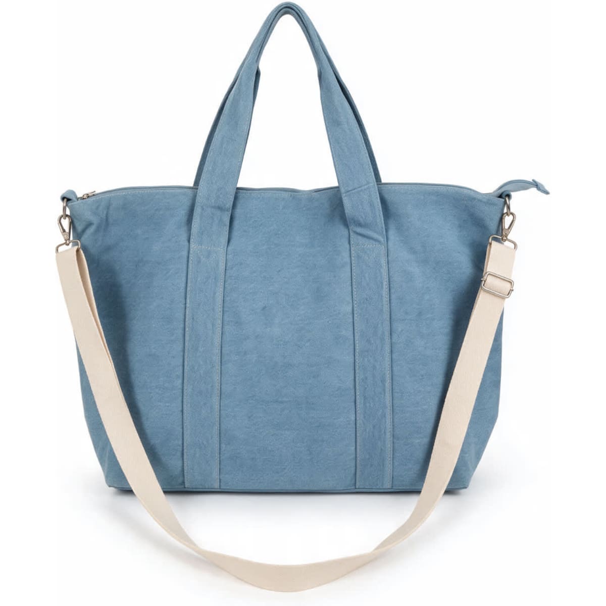 A blue duffle bag with two handles and a detachable strap, featuring a simple design and a logo.