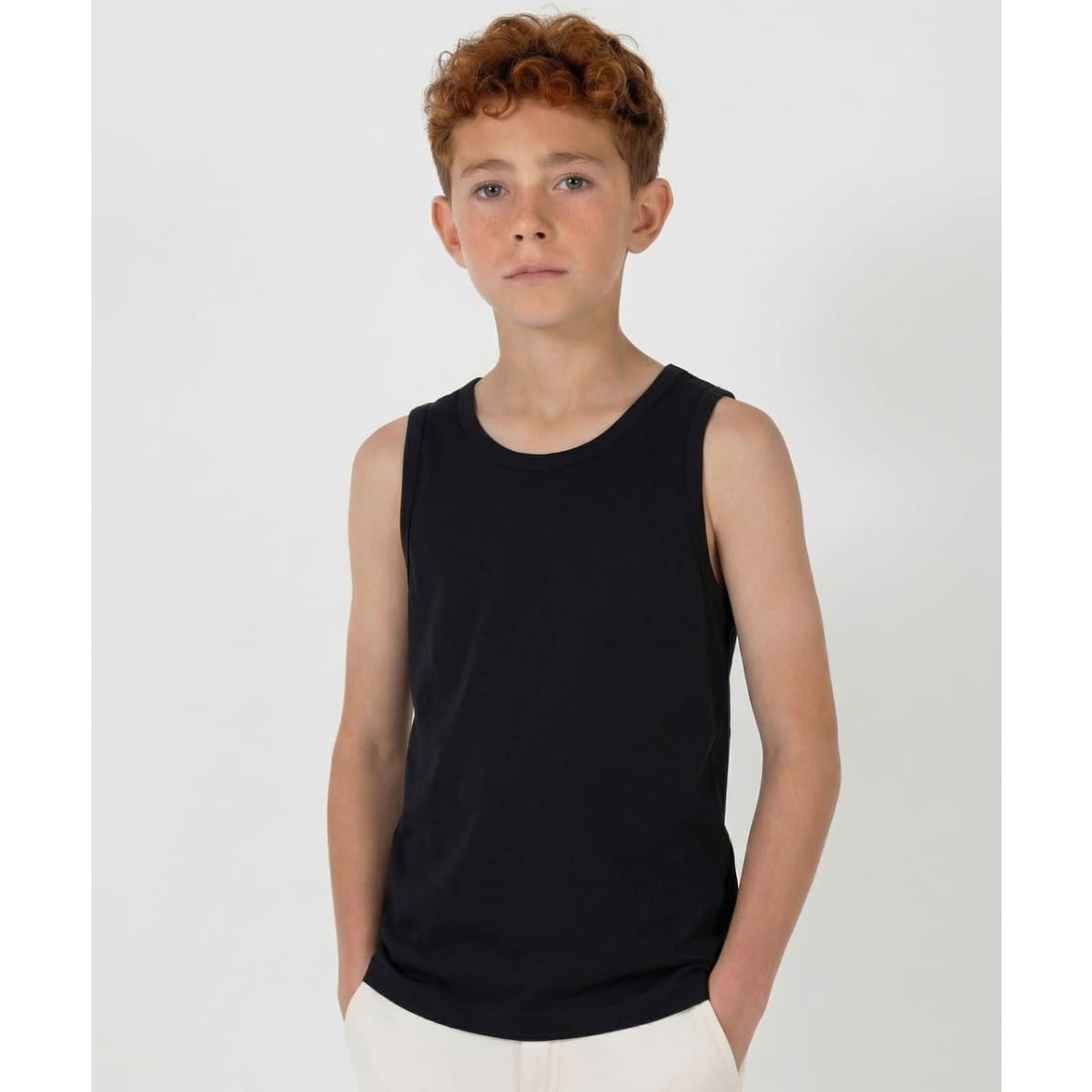 A black youth singlet featuring a simple design and no visible branding, suitable for sports or casual wear.
