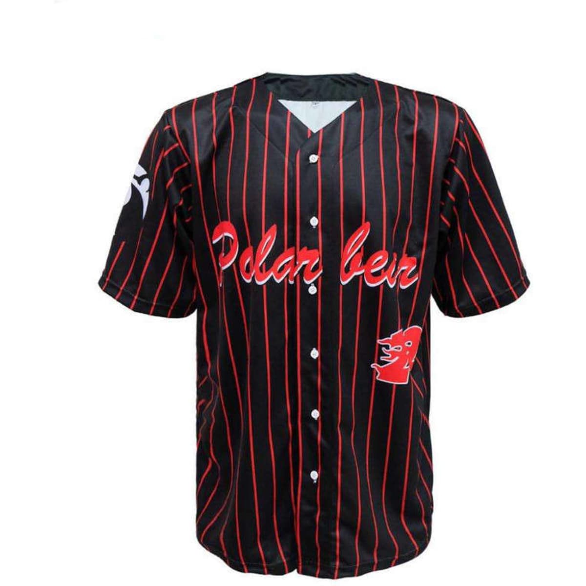 A classic black baseball jersey with red pinstripes and a branding logo. Features short sleeves and button front.