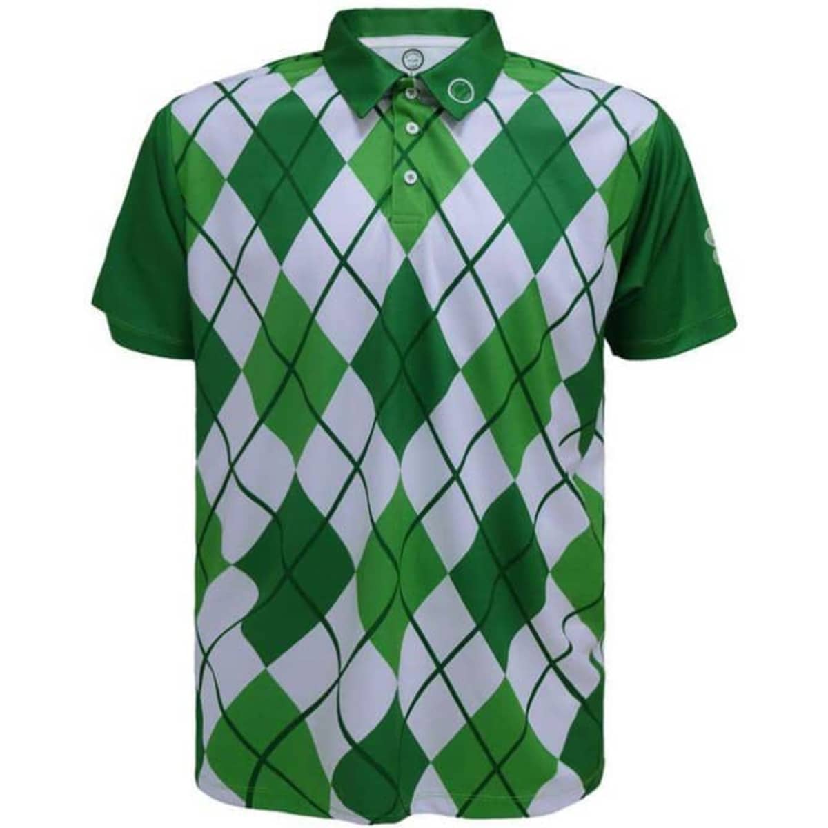 A green and white patterned sport polo shirt featuring a diamond design and a collar, with a logo on the chest.