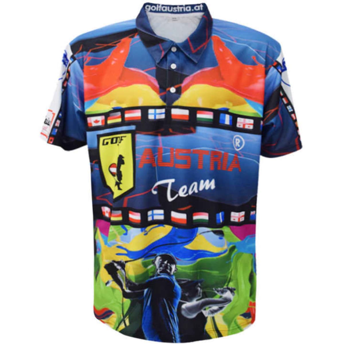 A colourful sport polo featuring a vibrant design with various flags and images, along with a logo on the front.