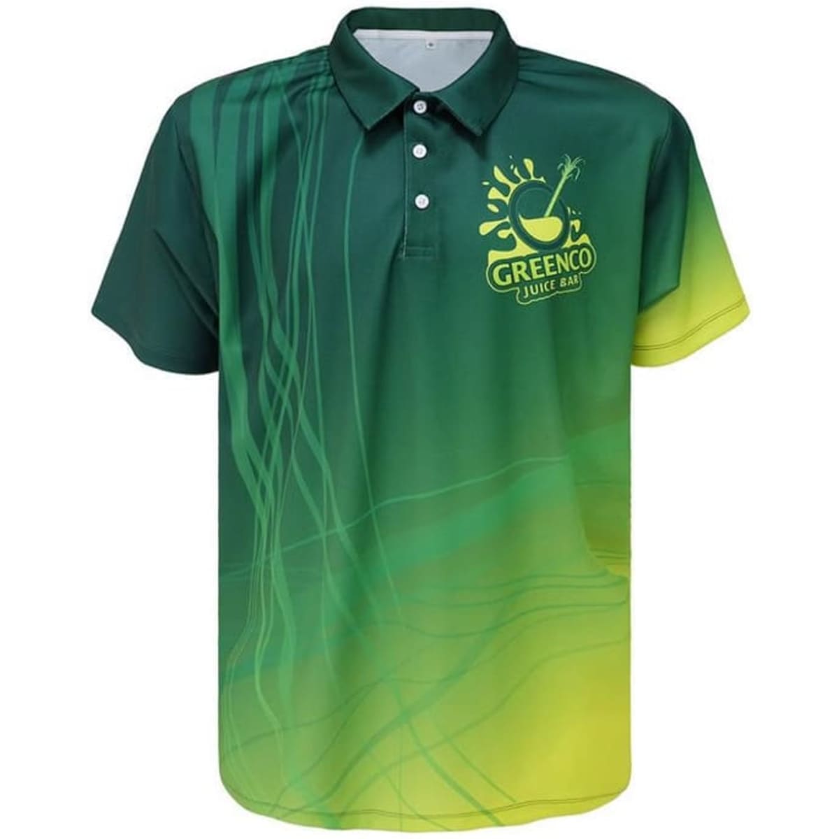 A green and yellow sport polo shirt featuring a logo and a gradient design.