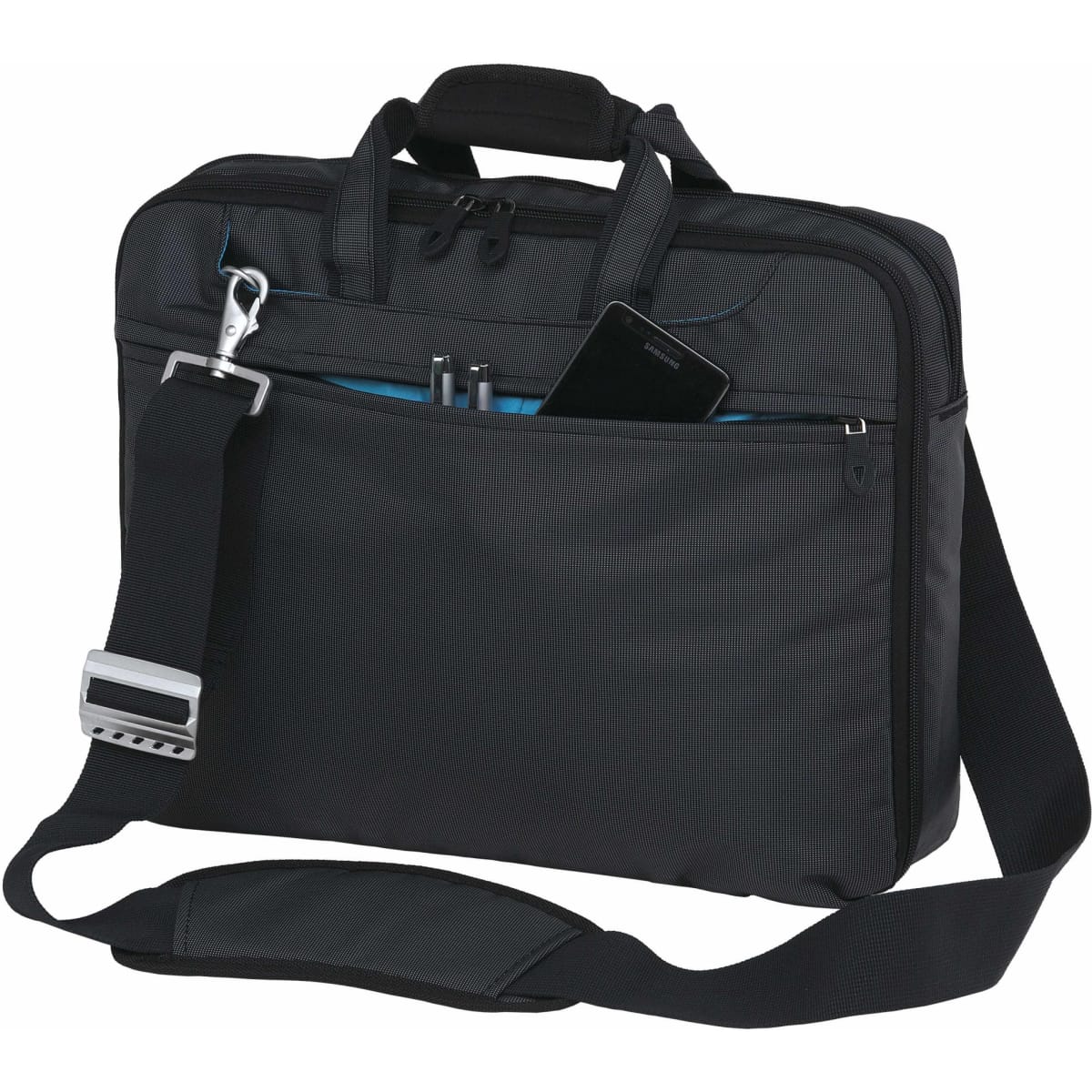 A grey laptop bag with a shoulder strap, featuring multiple compartments and a front pocket for a phone.