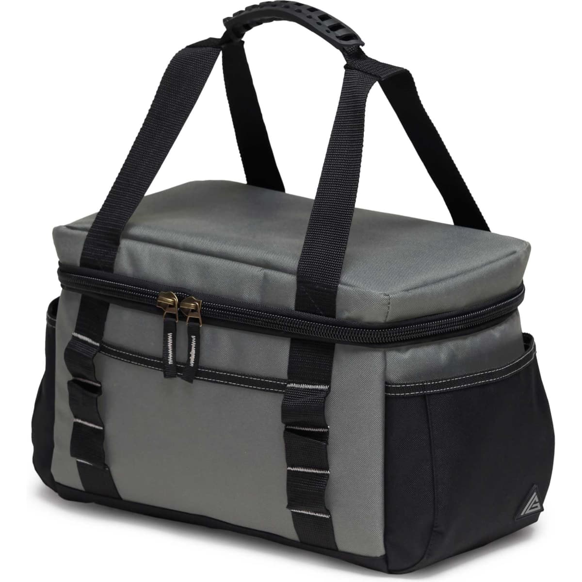 A grey and black cooler bag with a zippered top and sturdy handles, featuring a logo on the front.