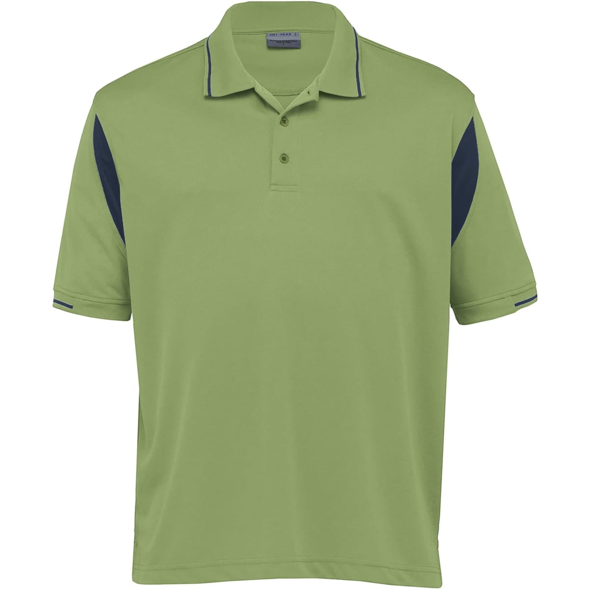 A green polo shirt with navy blue accents and a logo. Short sleeves and a classic collar design.