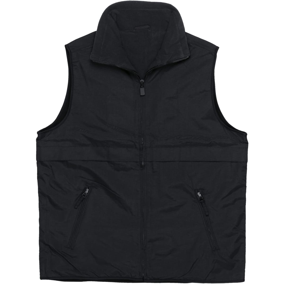 A black nylon vest featuring a zip front and two side pockets, with a high collar and a simple design.