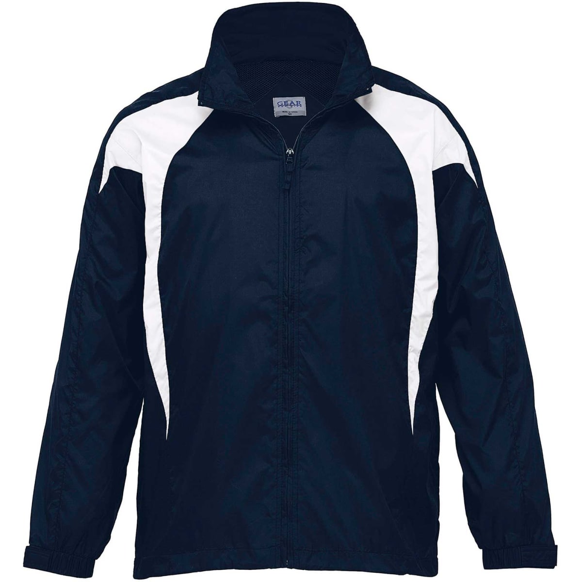 A navy blue and white jacket featuring a zip front and a logo. It has a sporty design with contrasting panels.