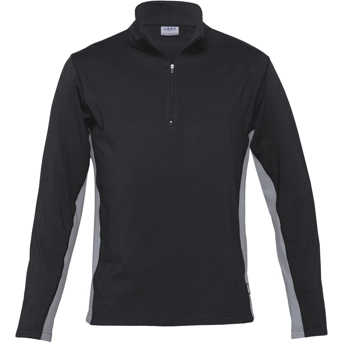 A black long-sleeve shirt with grey side accents and a zippered collar, featuring a logo on the chest.