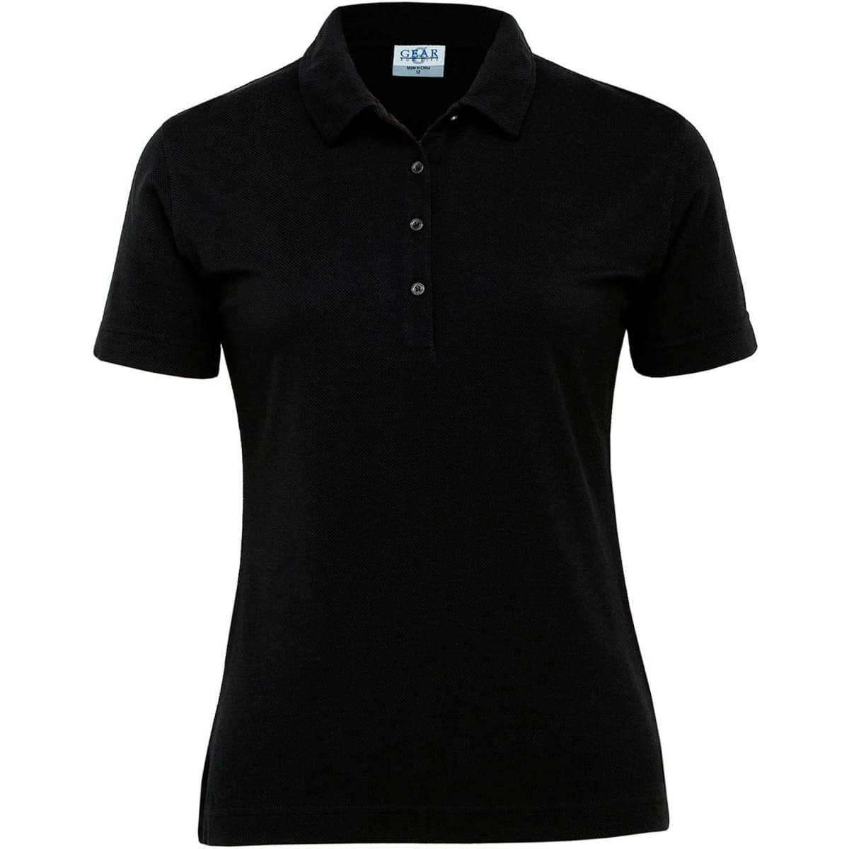 A black women's polo shirt featuring a collar and a front button placket, with a logo on the sleeve.