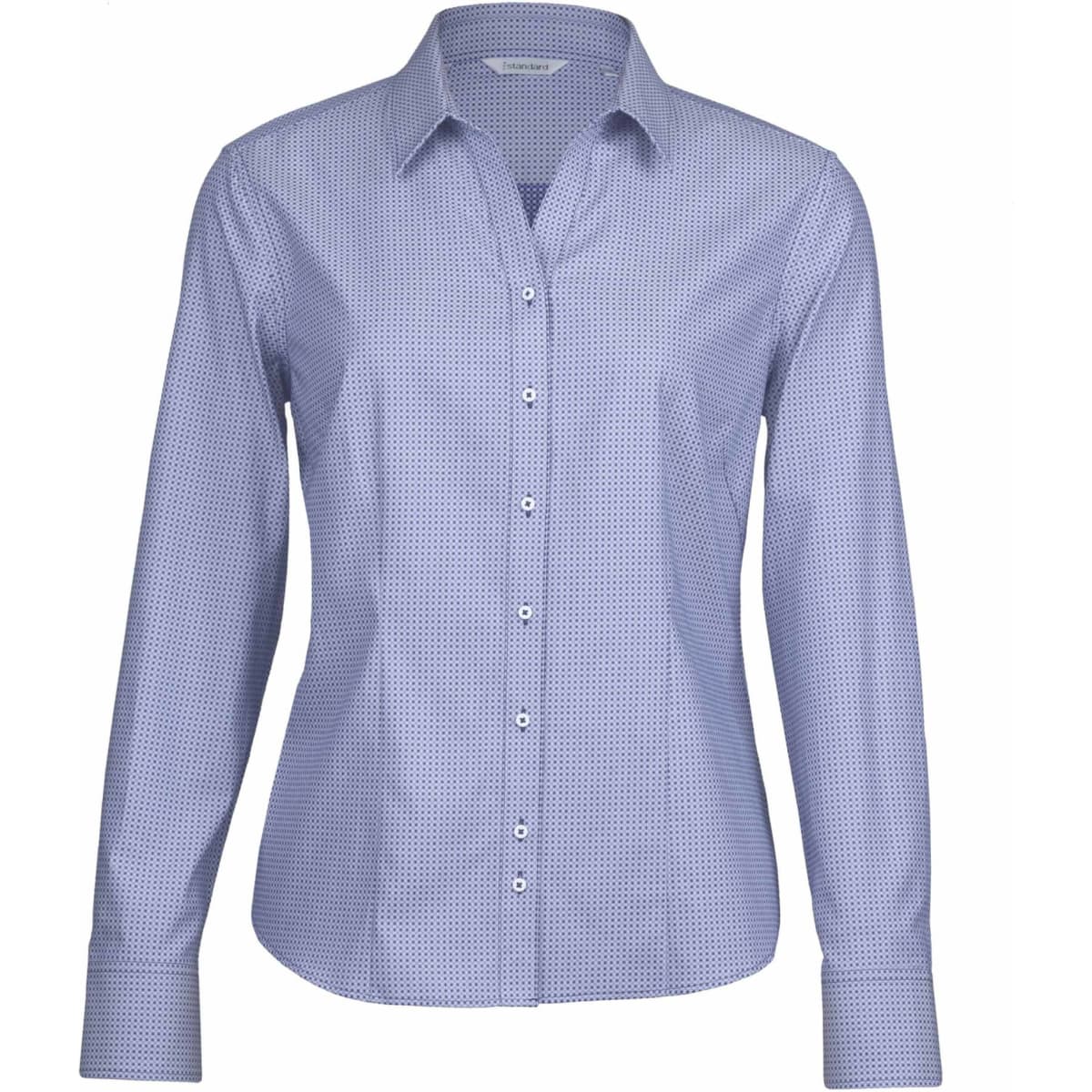 A women's button-up shirt in a blue and white pattern with long sleeves and a collared neckline.