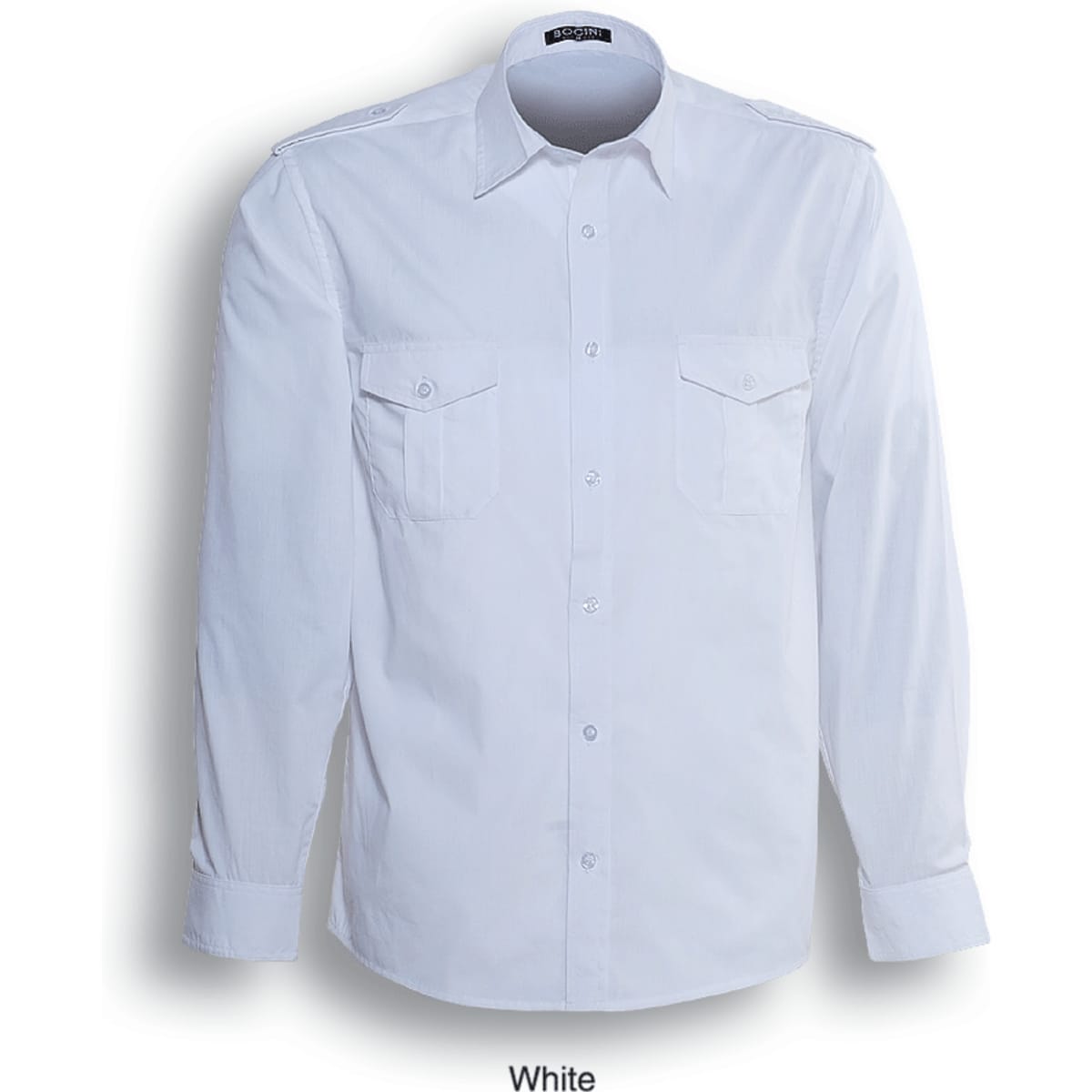 A white unisex long-sleeve service shirt with two chest pockets and a logo.