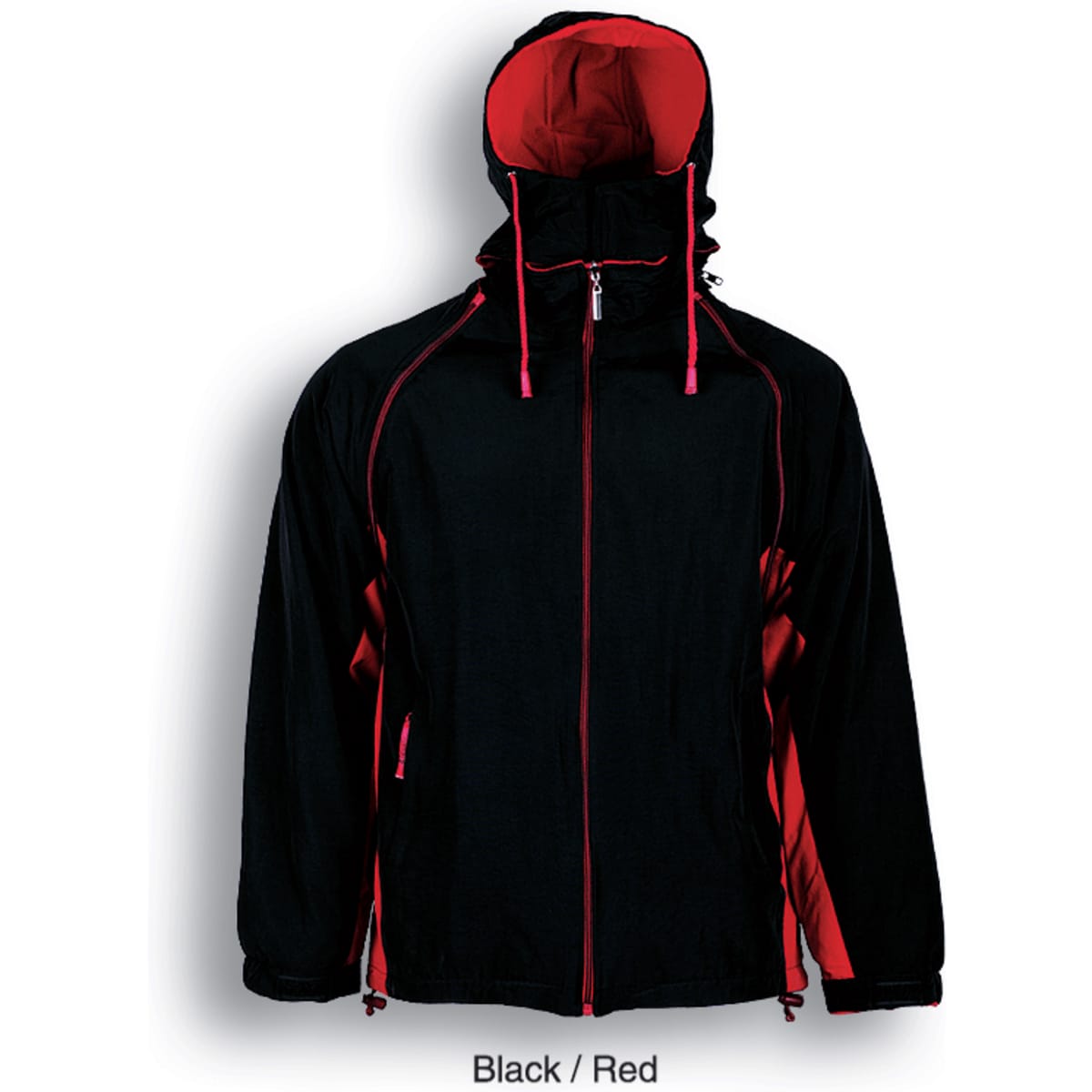 A unisex three-in-one jacket in black with red accents, featuring a hood and zip closure. Includes a logo.