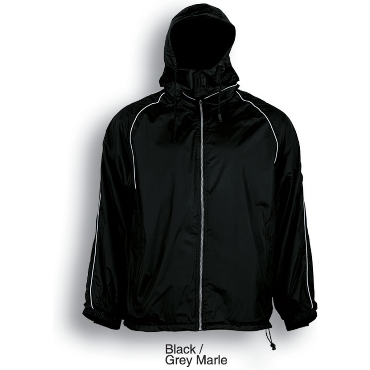 A unisex adults reversible jacket in black with grey marle accents, featuring a hood and adjustable drawstring.