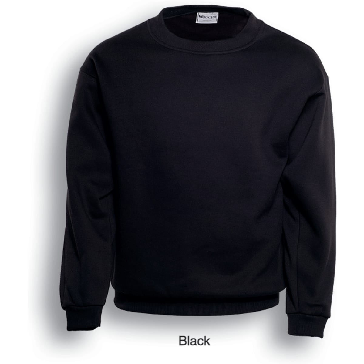 A black unisex crew neck fleece jumper with long sleeves and a casual fit. It features a logo above the neckline.