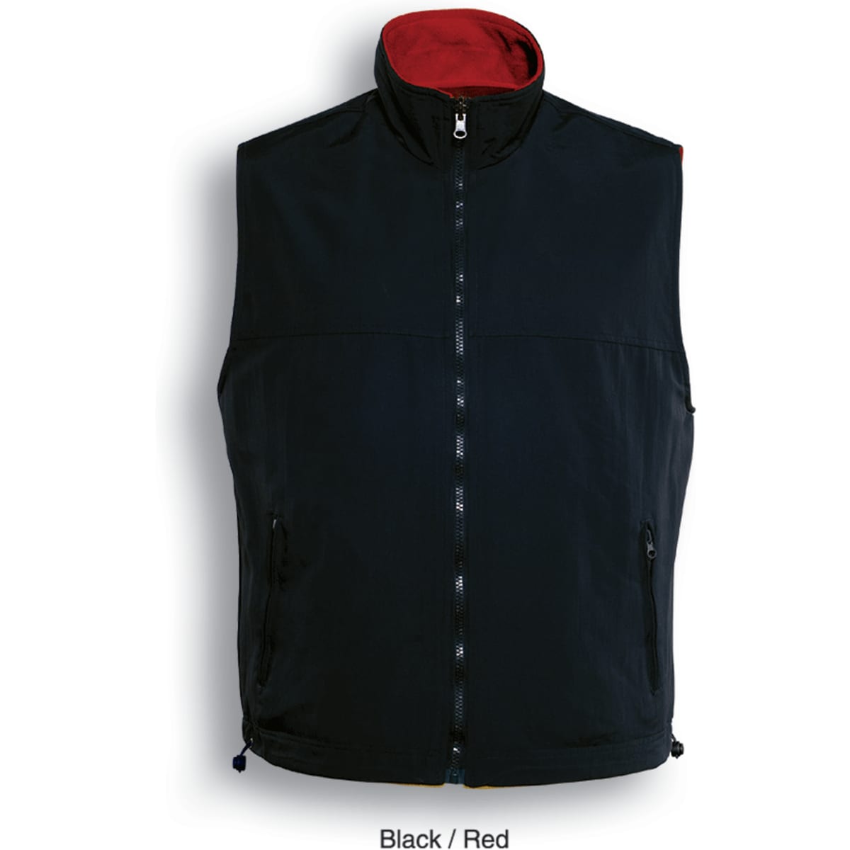 A unisex reversible vest in black with a red interior, featuring zippered pockets and a high collar.