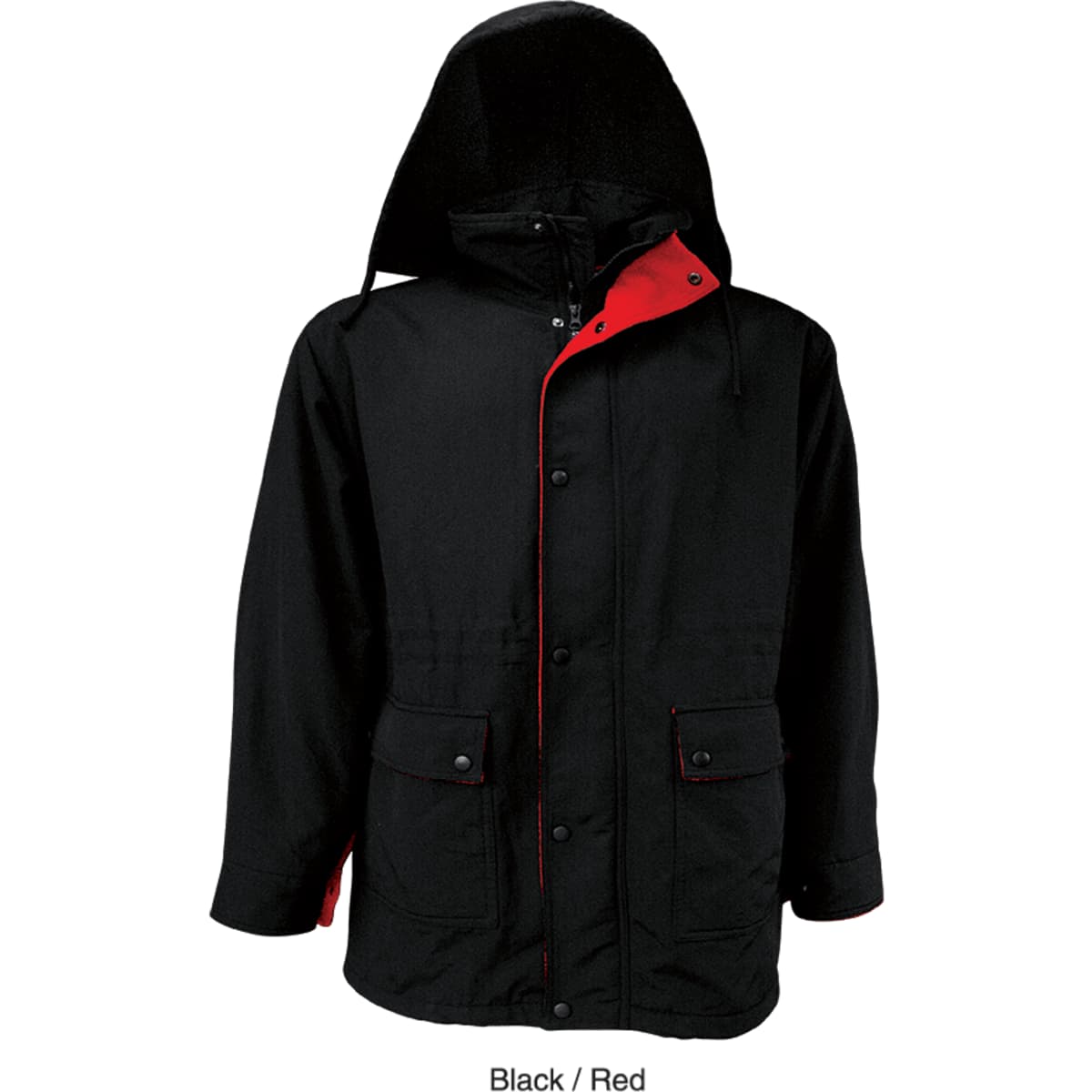 A black and red unisex casual wear jacket featuring a hood and multiple pockets. It has a branding logo.