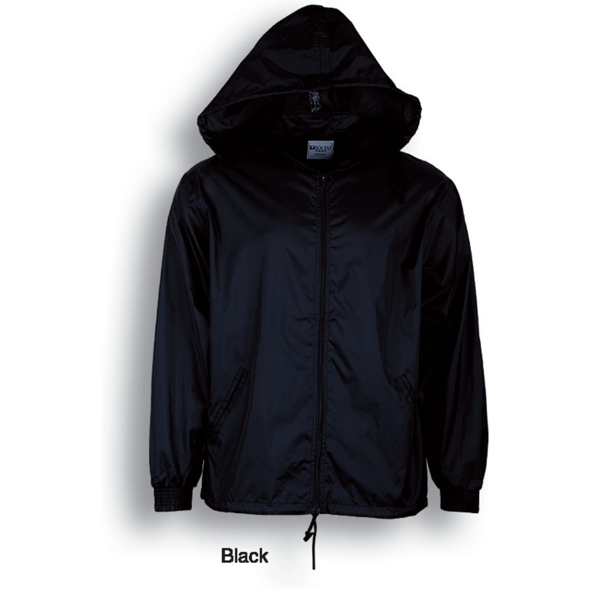 A black unisex adult Yachtsmans jacket with a hood, featuring a zip closure and elastic cuffs.