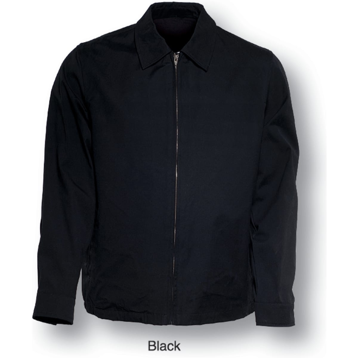 A black unisex adults canvas jacket with a front zip and a collar, featuring a logo.