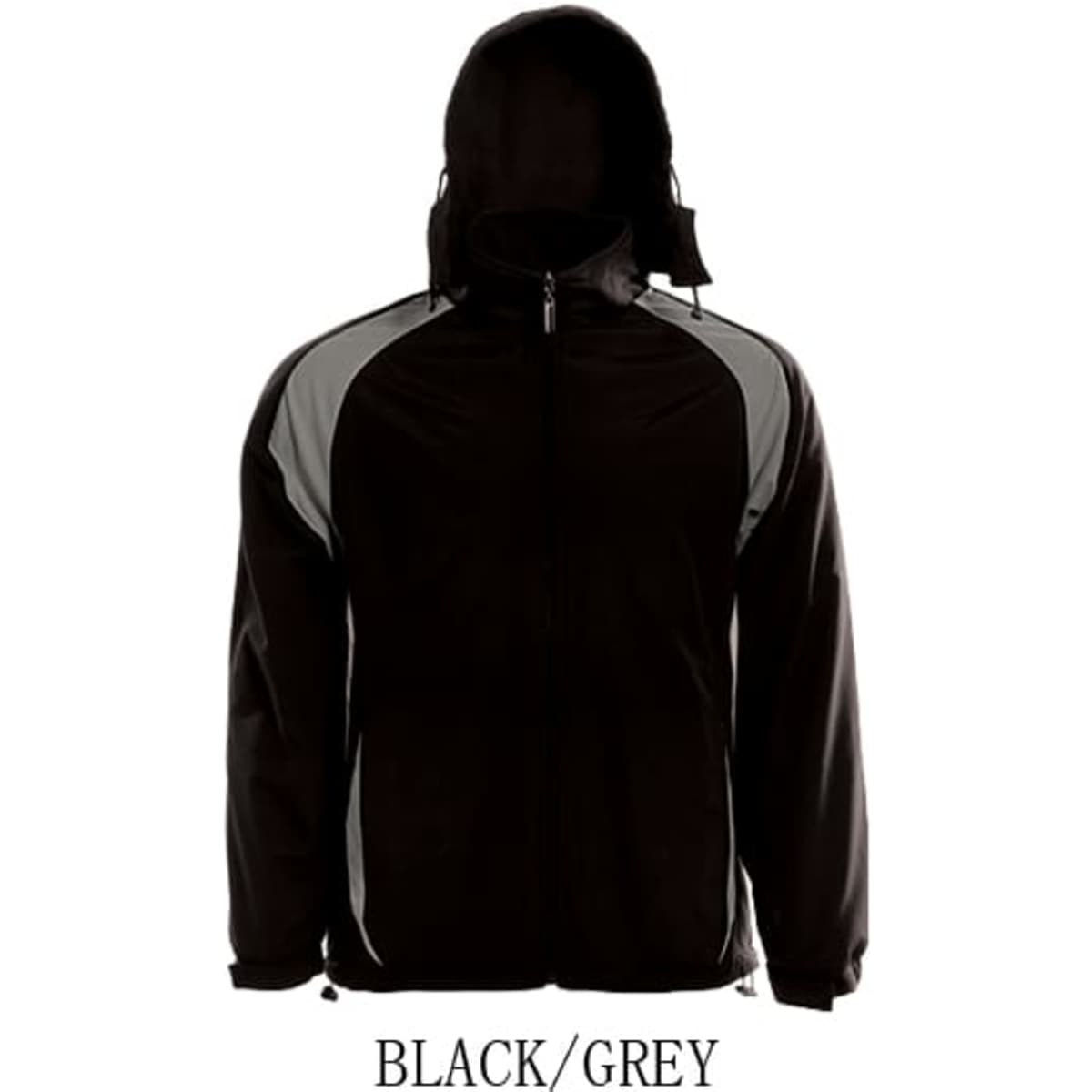 A black and grey reversible sports jacket with a hood and a logo on the front.