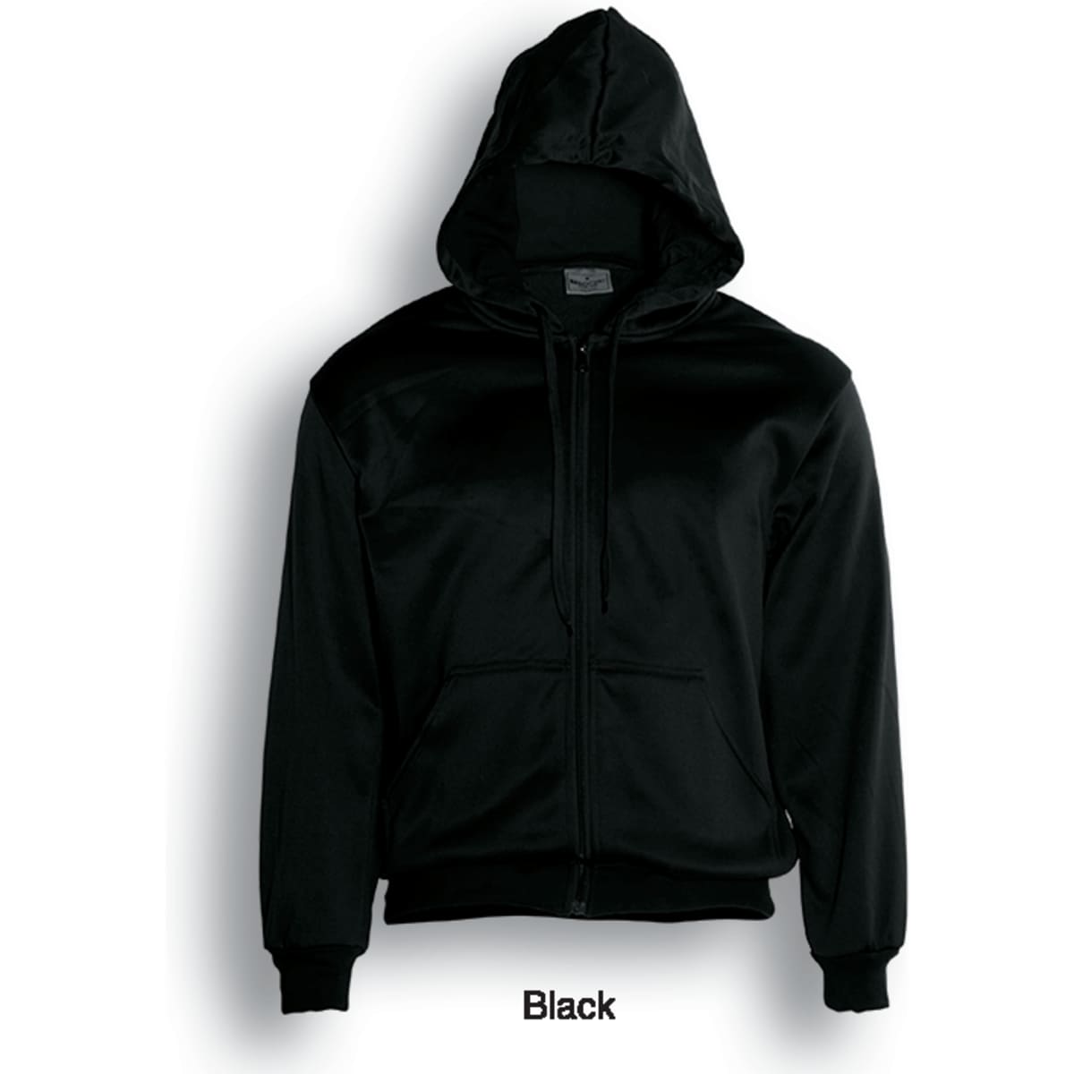 A black unisex zip-through fleece hoodie with a front zipper and hood, featuring a logo.