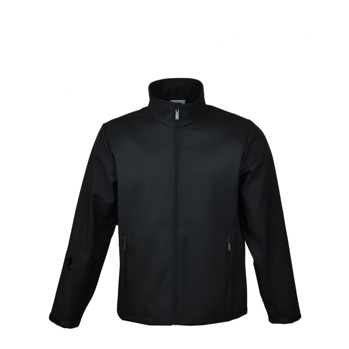 A men's soft shell jacket in black featuring a full-length zipper and side pockets. It has a logo on the sleeve.