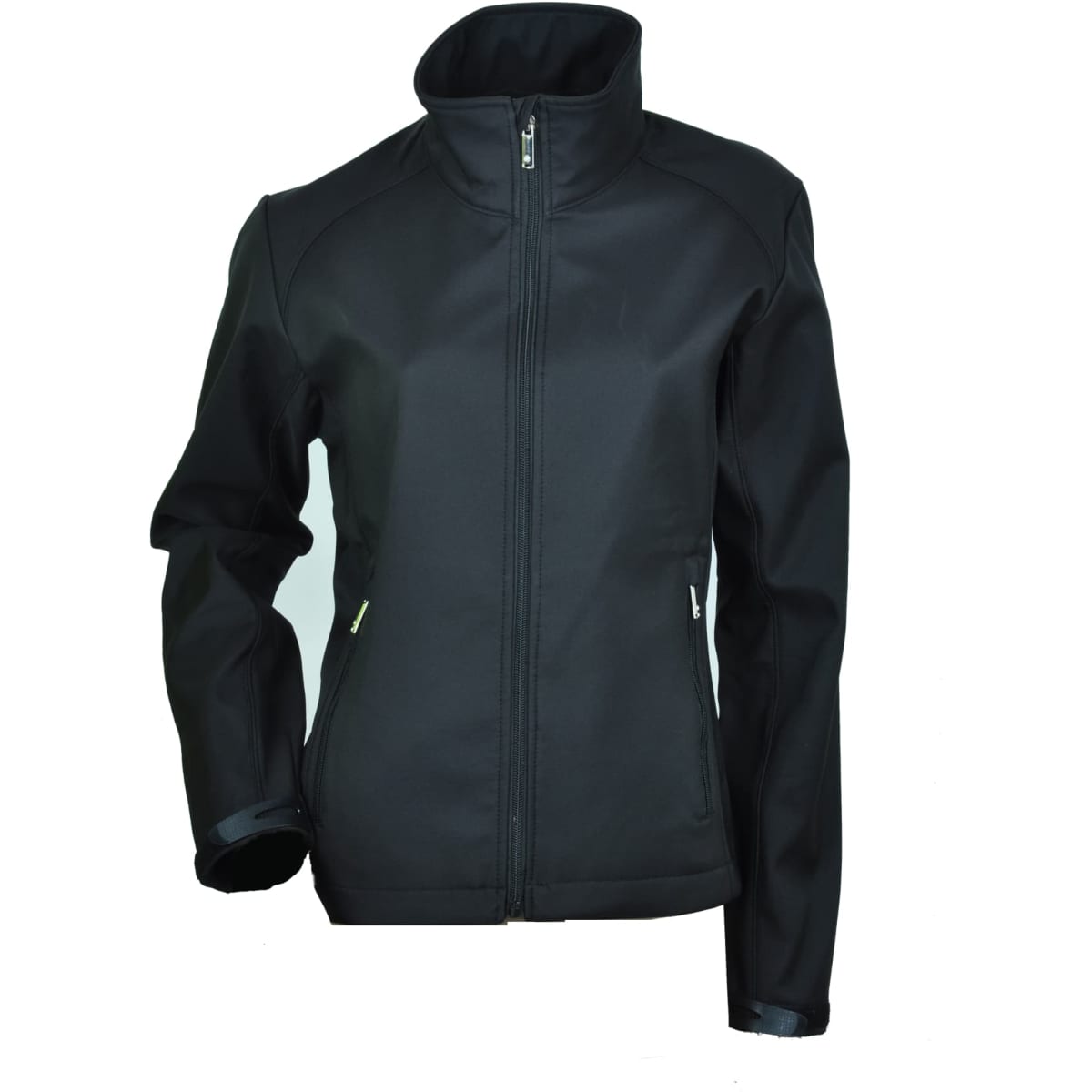 A black ladies soft shell jacket with a high collar and a zip closure, featuring a logo.