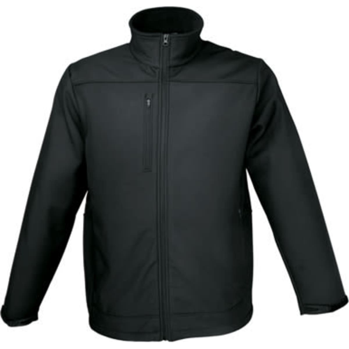 A men's soft shell jacket in black, featuring a zip closure and a high collar. The jacket has one zippered pocket and a branded logo.