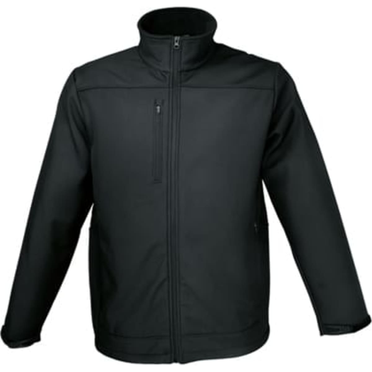 A soft shell jacket in black with a zippered front and a high collar. It features a logo on the side.