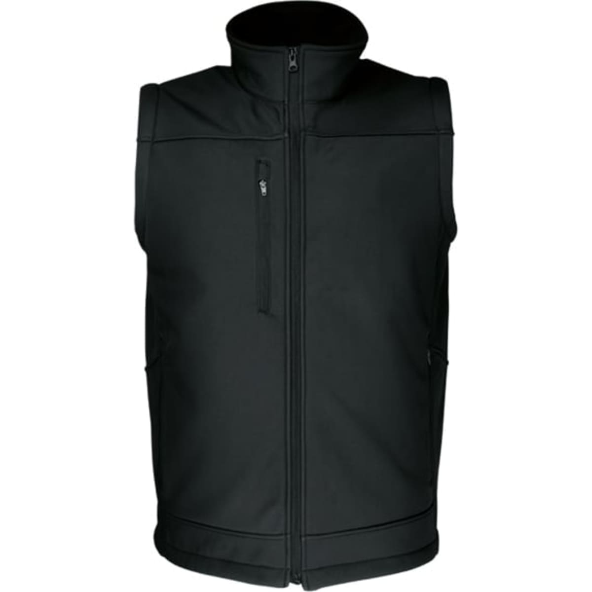 A black men's ripstop softshell vest featuring a zip front and side pockets, with a logo on the chest.