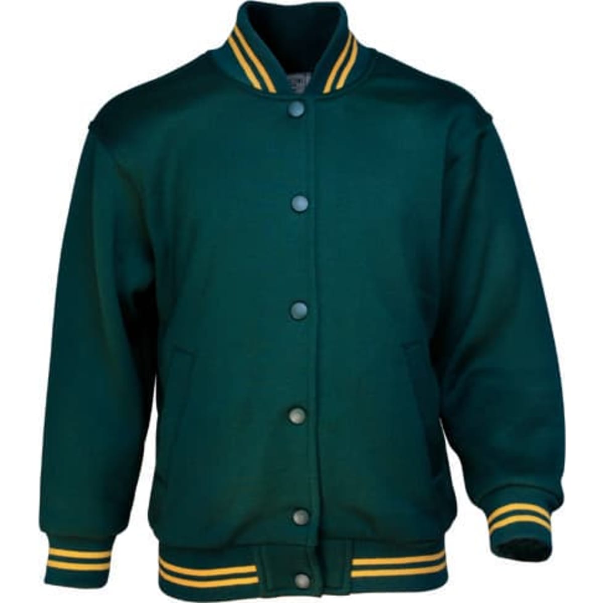A green bomber jacket with yellow stripes on the collar and cuffs, featuring a logo on the chest.
