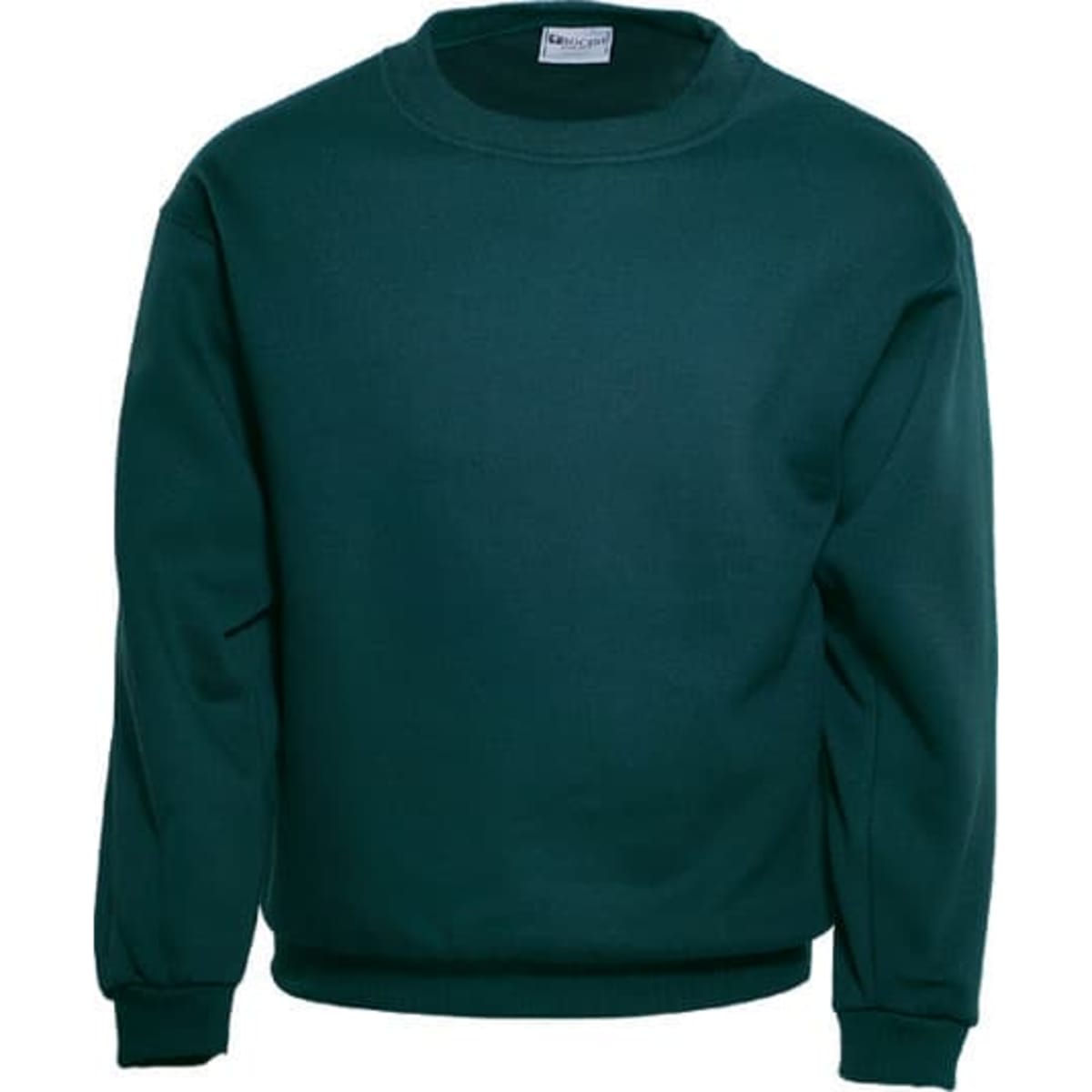 A green crew neck fleece jumper with ribbed cuffs and hem, featuring a branding label on the inside neckline.
